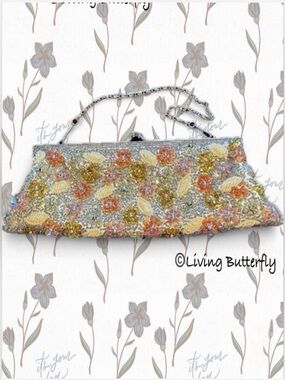Perfectly Princess Hand Sewn Beaded Floral Evening Clutch Yellow & Pink Accents